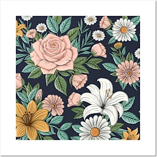 Rose, Hibiscus and Daisy Pattern Posters and Art